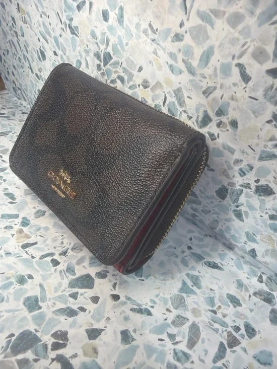 Coach Medium Corner Zip Wallet Signature Canvas Brown Black Red F54023 - Picture 3 of 7